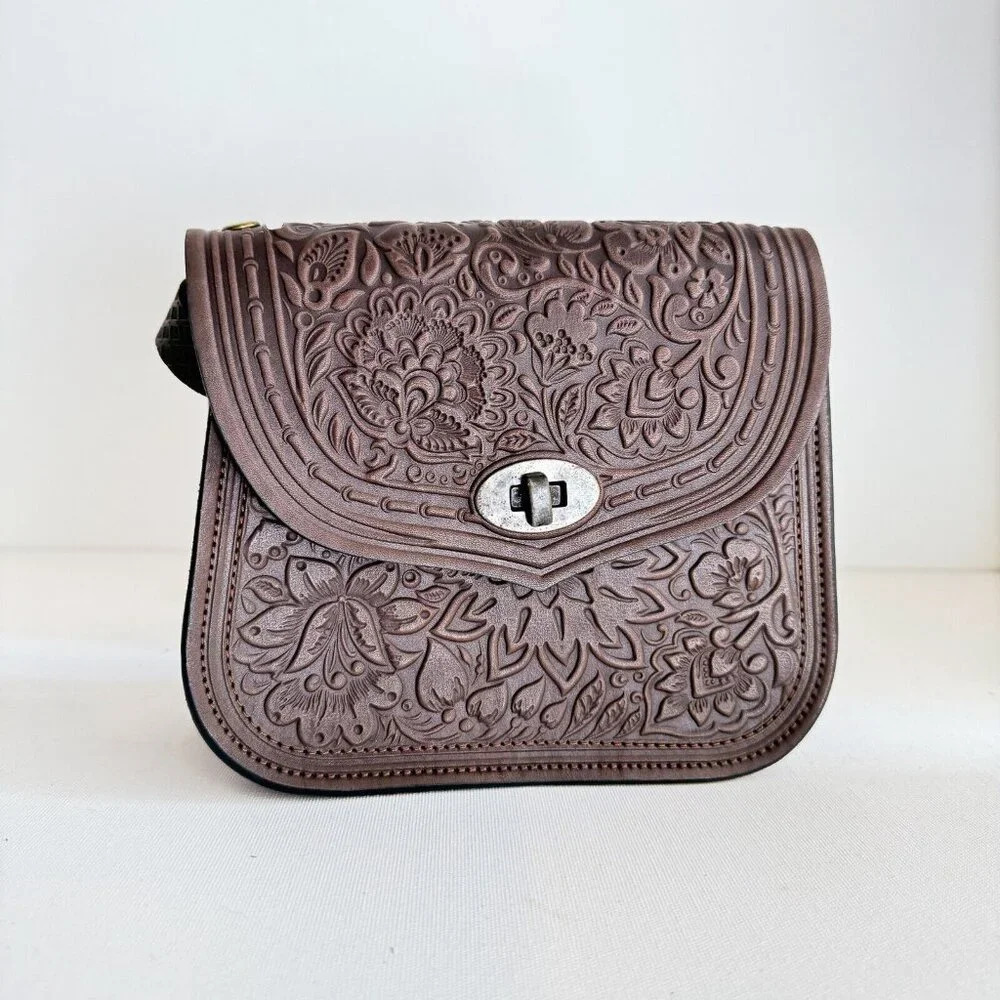 Vintage Hand Tooled Dark Brown Small Oval Crossbody  Bag